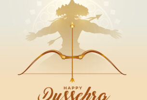 traditional dussehra festival card with ravan and bow arrow